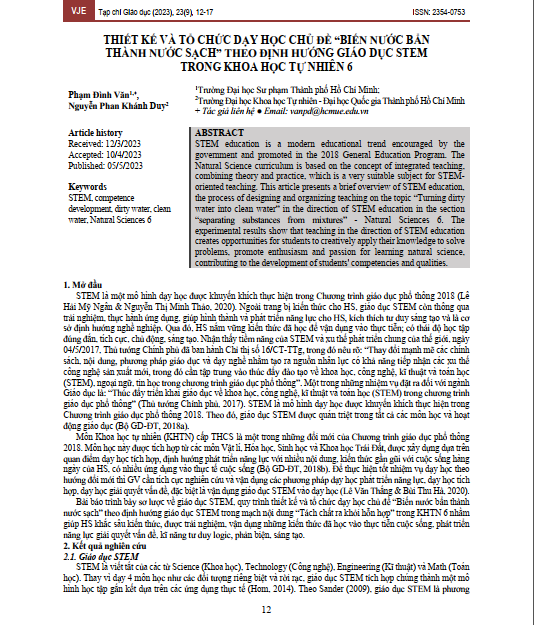 Thiết kế và tổ chức dạy học chủ đề “Biến nước bẩn thành nước sạch” theo định hướng giáo dục STEM trong Khoa học tự nhiên 6