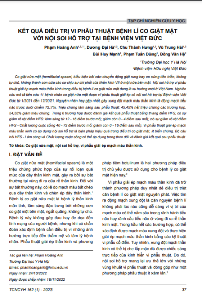 Kết quả điều trị vi phẫu thuật bệnh lý co giật mặt với nội soi hỗ trợ tại Bệnh viện Việt Đức
