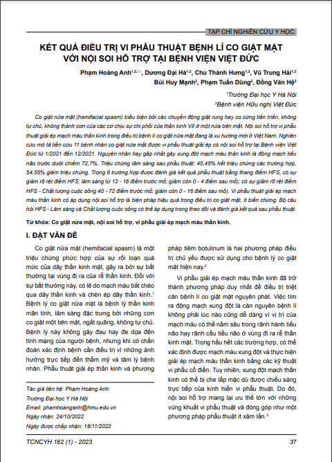 Kết quả điều trị vi phẫu thuật bệnh lý co giật mặt với nội soi hỗ trợ tại Bệnh viện Việt Đức