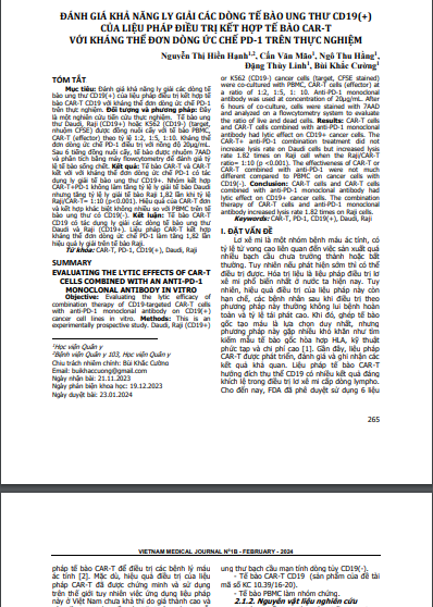 Đánh giá khả năng ly giải các dòng tế bào ung thư CD19(+) của liệu pháp điều trị kết hợp tế bào CAR-T với kháng thể đơn dòng ức chế PD-1 trên thực nghiệm