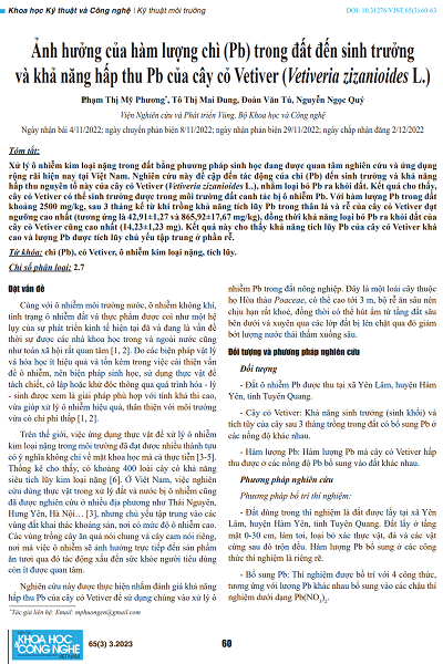 Ảnh hưởng của hàm lượng chì (Pb) trong đất đến sinh trưởng và khả năng hấp thu Pb của cây cỏ Vetiver (Vetiveria zizanioides L.)