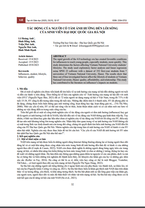 Tác động của người có tầm ảnh hưởng đến lối sống của sinh viên Đại học Quốc gia Hà Nội