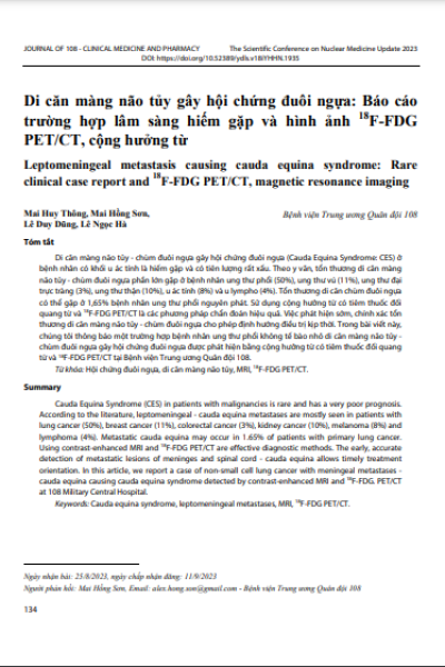 Di căn màng não tủy gây hội chứng đuôi ngựa: Báo cáo trường hợp lâm sàng hiếm gặp và hình ảnh 18F-FDG PET/CT, cộng hưởng từ