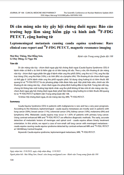 Di căn màng não tủy gây hội chứng đuôi ngựa: Báo cáo trường hợp lâm sàng hiếm gặp và hình ảnh 18F-FDG PET/CT, cộng hưởng từ