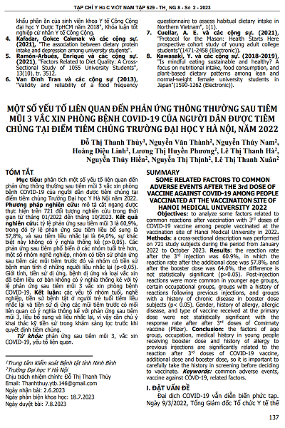 MỘT SỐ YẾU TỐ LIÊN QUAN ĐẾN PHẢN ỨNG THÔNG THƯỜNG SAU TIÊM MŨI 3 VẮC XIN PHÒNG BỆNH COVID-19 CỦA NGƯỜI DÂN ĐƯỢC TIÊM CHỦNG TẠI ĐIỂM TIÊM CHỦNG TRƯỜNG ĐẠI HỌC Y HÀ NỘI, NĂM 2022