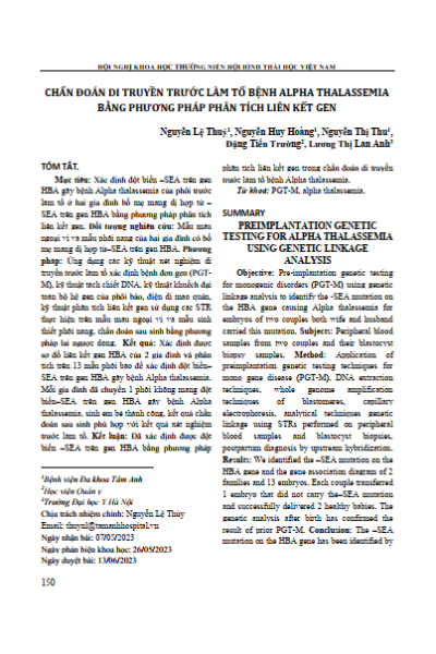 Chẩn đoán di truyền trước làm tổ bệnh Alpha Thalassemia bằng phương pháp phân tích liên kết gen