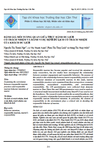 Đánh giá mối tương quan giữa thực hành du lịch có trách nhiệm và hành vi dự định du lịch có trách nhiệm của khách du lịch
