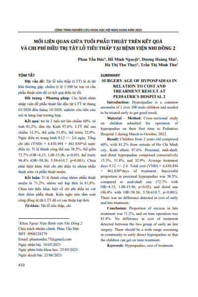 Mối liên quan giữa tuổi phẫu thuật trên kết quả và chi phí điều trị tật lỗ tiểu thấp tại Bệnh viện Nhi Đồng 2