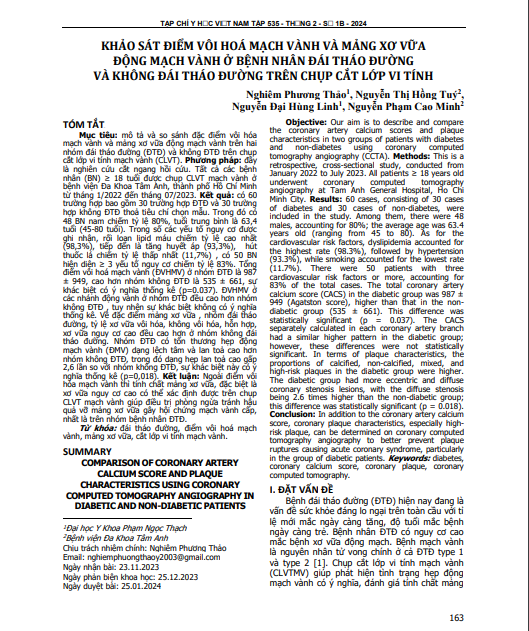 Khảo sát điểm vôi hóa mạch vành và mảng xơ vữa động mạch vành ở bệnh nhân đái tháo đường và không đái tháo đường trên chụp cắt lớp vi tính