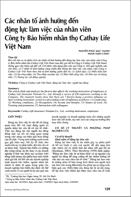 Các nhân tố ảnh hưởng đến động lực làm việc của nhân viên Công ty Bảo hiểm nhân thọ Cathay Life Việt Nam