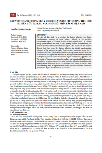Các yếu tố ảnh hưởng đến ý định chuyển đổi số trường tiểu học: nghiên cứu tại khu vực miền núi phía Bắc ở Việt Nam