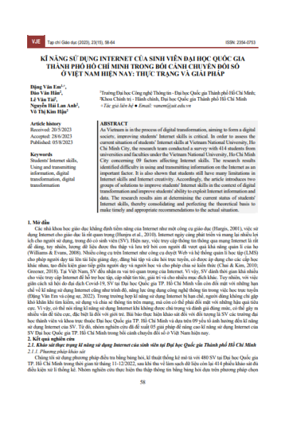 Kĩ năng sử dụng internet của sinh viên Đại học Quốc gia Thành phố Hồ Chí Minh trong bối cảnh chuyển đổi số ở Việt Nam hiện nay: thực trạng và giải pháp