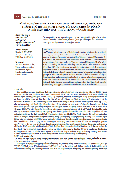 Kĩ năng sử dụng internet của sinh viên Đại học Quốc gia Thành phố Hồ Chí Minh trong bối cảnh chuyển đổi số ở Việt Nam hiện nay: thực trạng và giải pháp