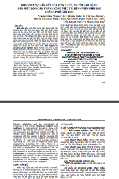 Khảo sát sự gắn kết của viên chức, người lao động đến mức độ hoàn thành công việc tại Bệnh viện Phụ Sản thành phố Cần Thơ
