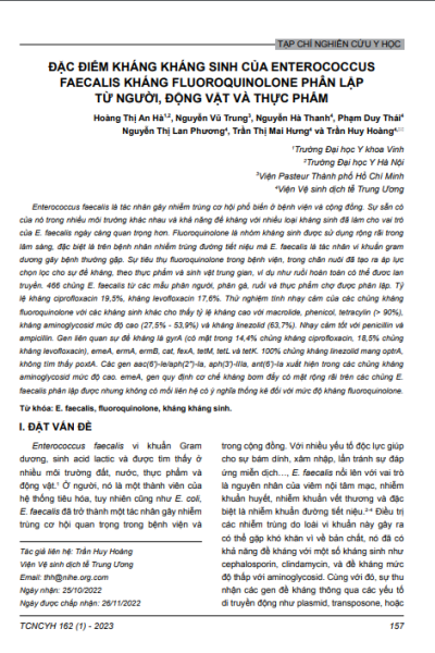 Đặc điểm kháng kháng sinh của Enterococcus faecalis kháng fluoroquinolone phân lập từ người, động vật và thực phẩm