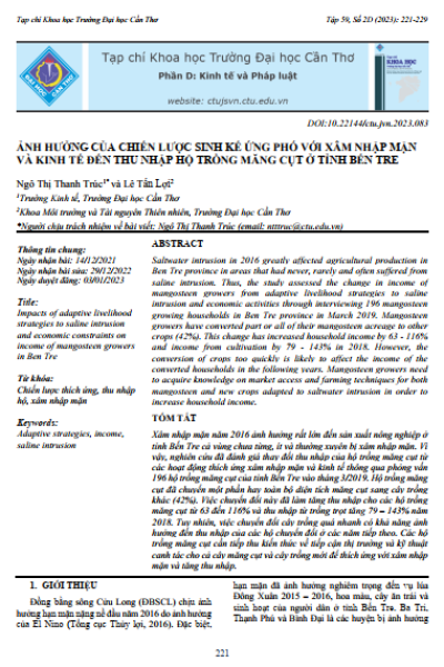 Ảnh hưởng của chiến lược sinh kế ứng phó với xâm nhập mặn và kinh tế đến thu nhập hộ trồng măng cụt ở tỉnh Bến Tre