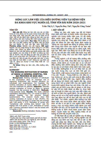 Động lực làm việc của điều dưỡng viên tại Bệnh viện Đa khoa khu vực Nghĩa Lộ, tỉnh Yên Bái năm 2020-2021