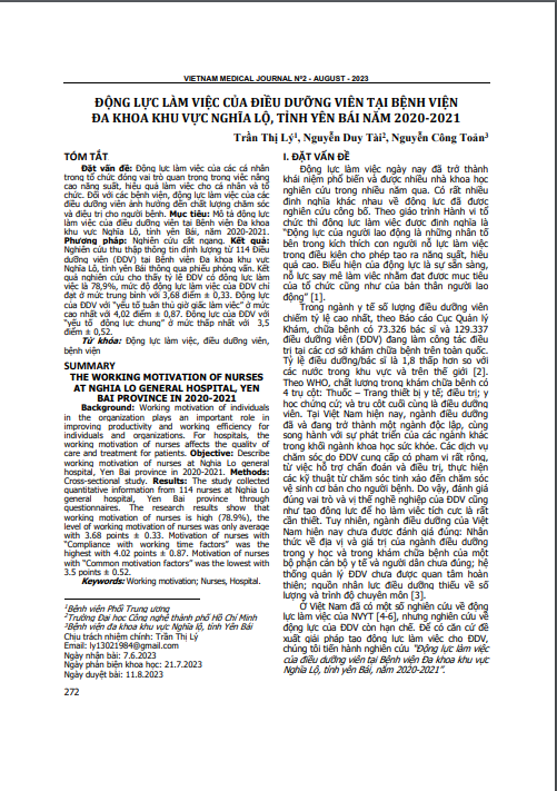 Động lực làm việc của điều dưỡng viên tại Bệnh viện Đa khoa khu vực Nghĩa Lộ, tỉnh Yên Bái năm 2020-2021