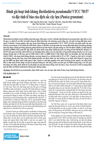 Đánh giá hoạt tính kháng Burkholderia pseudomallei VTCC 70157 và độc tính tế bào của dịch sắc cây lựu (Punica granatum)