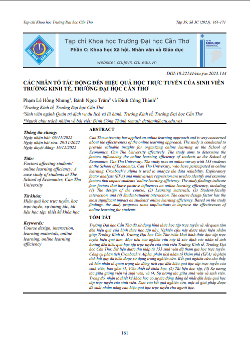 Các nhân tố tác động đến hiệu quả học trực tuyến của sinh viên Trường Kinh tế, Trường Đại học Cần Thơ