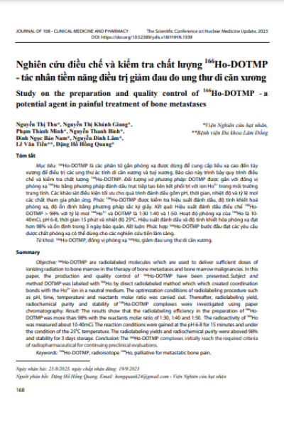 Nghiên cứu điều chế và kiểm tra chất lượng 166Ho-DOTMP - tác nhân tiềm năng điều trị giảm đau do ung thư di căn xương