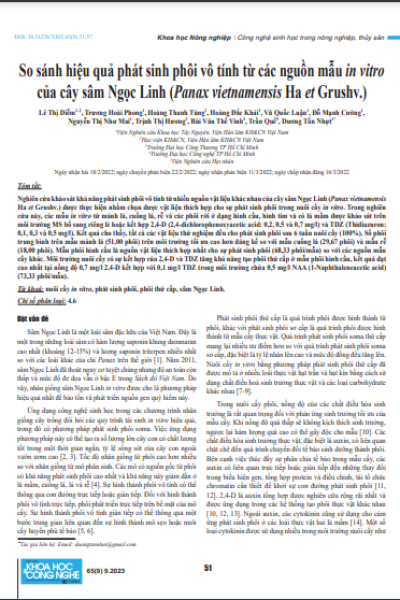 So sánh hiệu quả phát sinh phôi vô tính từ các nguồn mẫu in vitro của cây sâm Ngọc Linh (Panax vietnamensis Ha et Grushv.)