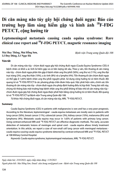 Di căn màng não tủy gây hội chứng đuôi ngựa: Báo cáo trường hợp lâm sàng hiếm gặp và hình ảnh 18F-FDG PET/CT, cộng hưởng từ