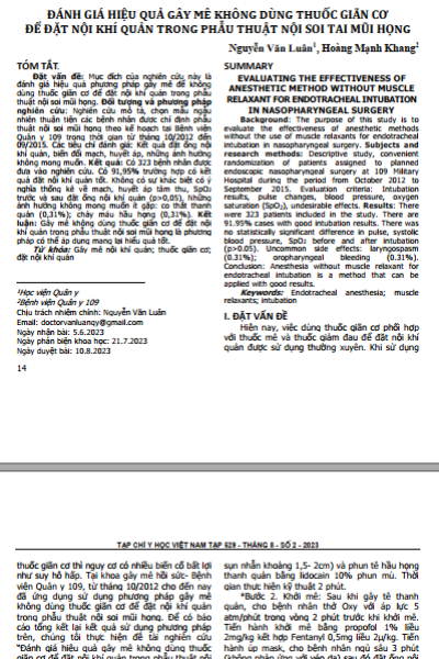 Đánh giá hiệu quả gây mê không dùng thuốc giãn cơ để đặt nội khí quản trong phẫu thuật nội soi tai mũi họng