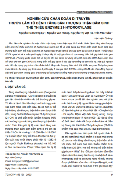 Nghiên cứu chẩn đoán di truyền trước làm tổ bệnh tăng sản thượng thận bẩm sinh thể thiếu enzym 21-hydroxylase