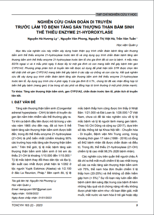 Nghiên cứu chẩn đoán di truyền trước làm tổ bệnh tăng sản thượng thận bẩm sinh thể thiếu enzym 21-hydroxylase