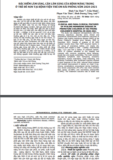 Đặc điểm lâm sàng, cận lâm sàng của bệnh màng trong ở trẻ đẻ non tại Bệnh viện trẻ em Hải Phòng năm 2020-2021
