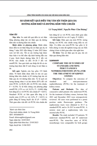 So sánh kết quả điều trị tán sỏi thận qua da đường hầm nhỏ và đường hầm tiêu chuẩn