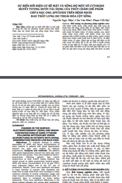 Sự biến đổi điện cơ bề mặt và nồng độ một số cytokine huyết tương dưới tác dụng của thủy châm chế phẩm chứa nọc ong Apitoxin trên bệnh nhân đau thắt lưng do thoái hóa cột sống