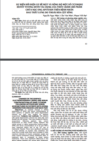 Sự biến đổi điện cơ bề mặt và nồng độ một số cytokine huyết tương dưới tác dụng của thủy châm chế phẩm chứa nọc ong Apitoxin trên bệnh nhân đau thắt lưng do thoái hóa cột sống
