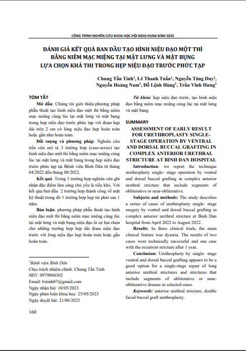 Đánh giá kết quả ban đầu tạo hình niệu đạo một thì bằng niêm mạc miệng tại mặt lưng và mặt bụng lựa chọn khả thi trong hẹp niệu đạo trước phức tạp