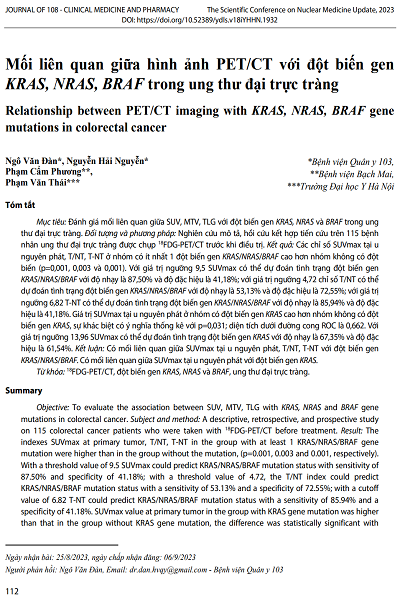 Mối liên quan giữa hình ảnh PET/CT với đột biến gen KRAS, NRAS, BRAF trong ung thư đại trực tràng