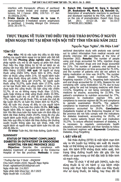 THỰC TRẠNG VỀ TUÂN THỦ ĐIỀU TRỊ ĐÁI THÁO ĐƯỜNG Ở NGƯỜI BỆNH NGOẠI TRÚ TẠI BỆNH VIỆN NỘI TIẾT TỈNH YÊN BÁI NĂM 2022