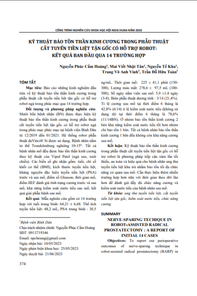 Kỹ thuật bảo tồn thần kinh cương trong phẫu thuật cắt tuyến tiền liệt tận gốc có hỗ trợ robot: Kết quả ban đầu qua 14 trường hợp