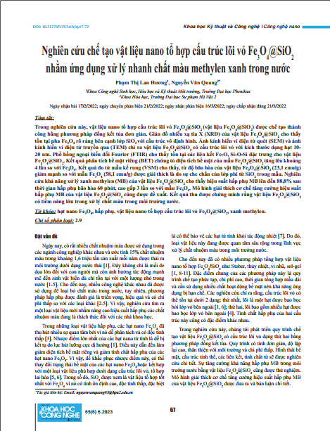 Nghiên cứu chế tạo vật liệu nano tổ hợp cấu trúc lõi vỏ Fe3O4@SiO2 nhằm ứng dụng xử lý nhanh chất màu methylen xanh trong nước