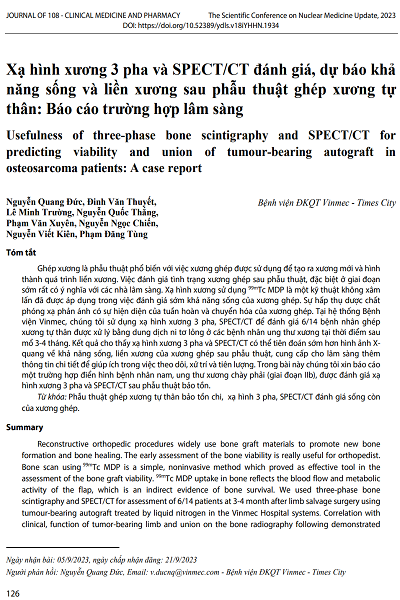 Xạ hình xương 3 pha và SPECT/CT đánh giá, dự báo khả năng sống và liền xương sau phẫu thuật ghép xương tự thân: Báo cáo trường hợp lâm sàng