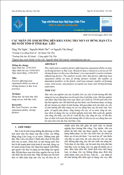 Các nhân tố ảnh hưởng đến khả năng trả nợ vay đúng hạn của hộ nuôi tôm ở tỉnh Bạc Liêu